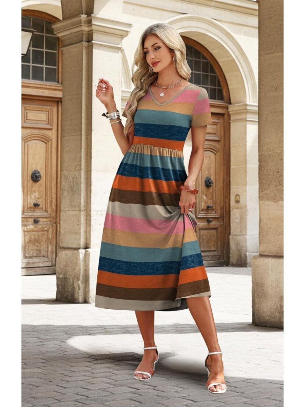 Women's Boho Retro Stripe Summer Flowy A-Line Midi Beach Vacation Sundresses - Picture 3 of 5
